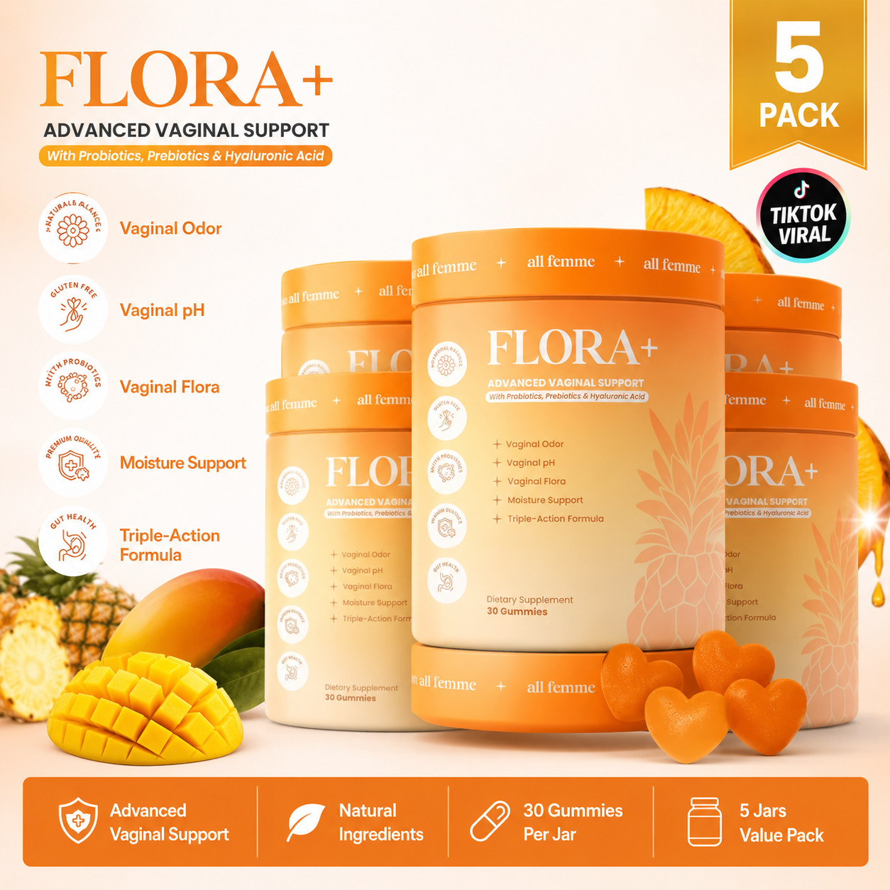 Flora Women Vaginal Probiotic Gummies pH Balance Odor 150ct (Pack of 5) EXP 2028
