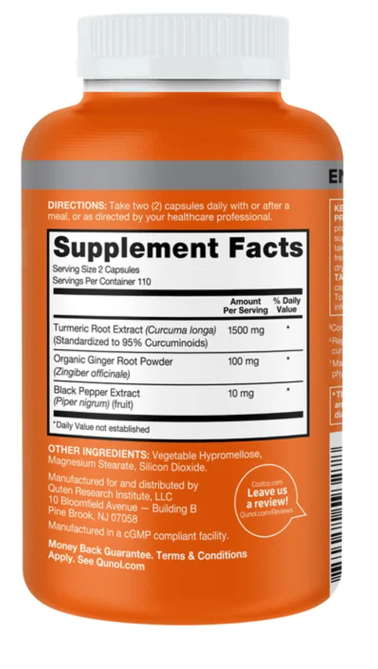 Qunol Turmeric 1500mg 95% Curcuminoids 220 Capsules Ginger Joint Support Supplem