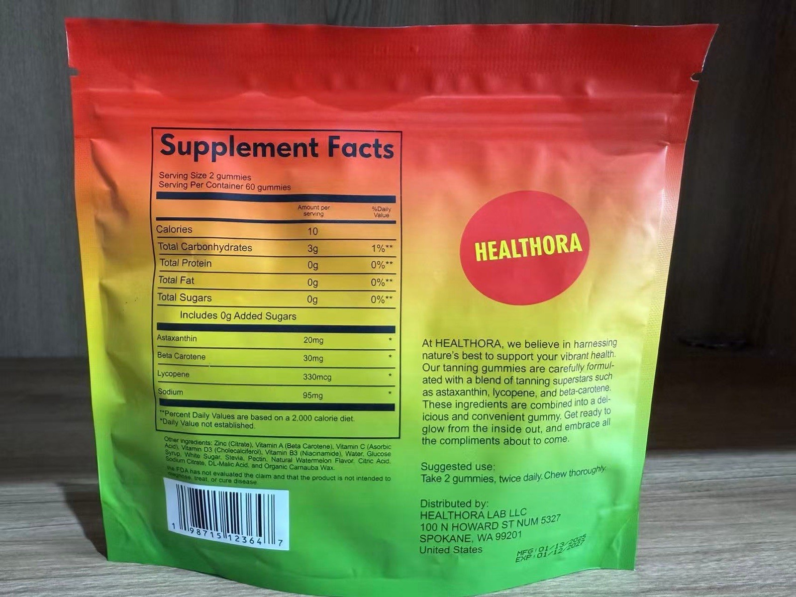 Healthora Daily Tanning Gummies Sour Watermelon 60 Count 20mg 180g