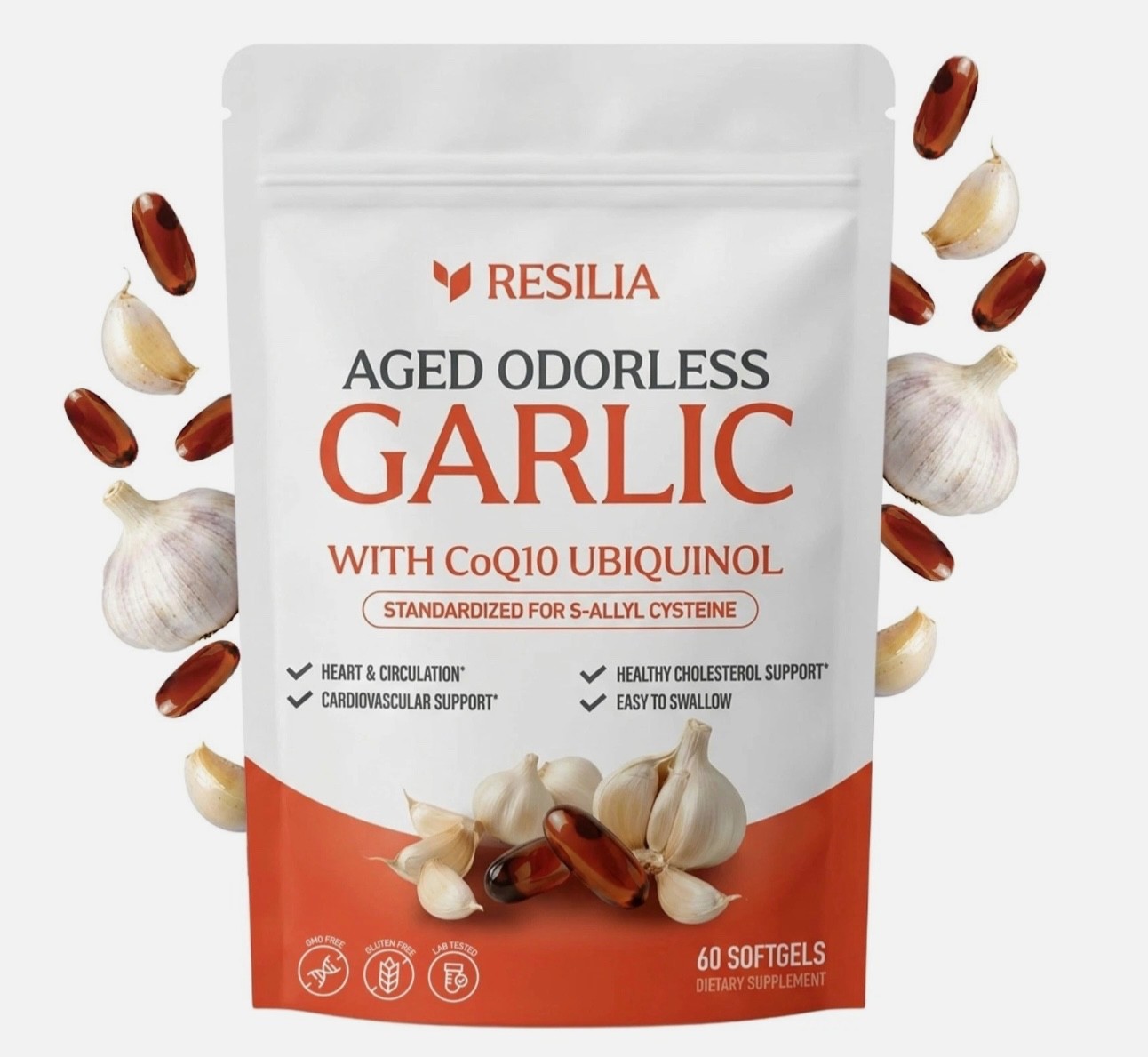 Resilia Garlic Extract 600mg Softgels (60 Count) – Odorless Aged Garlic Extra…