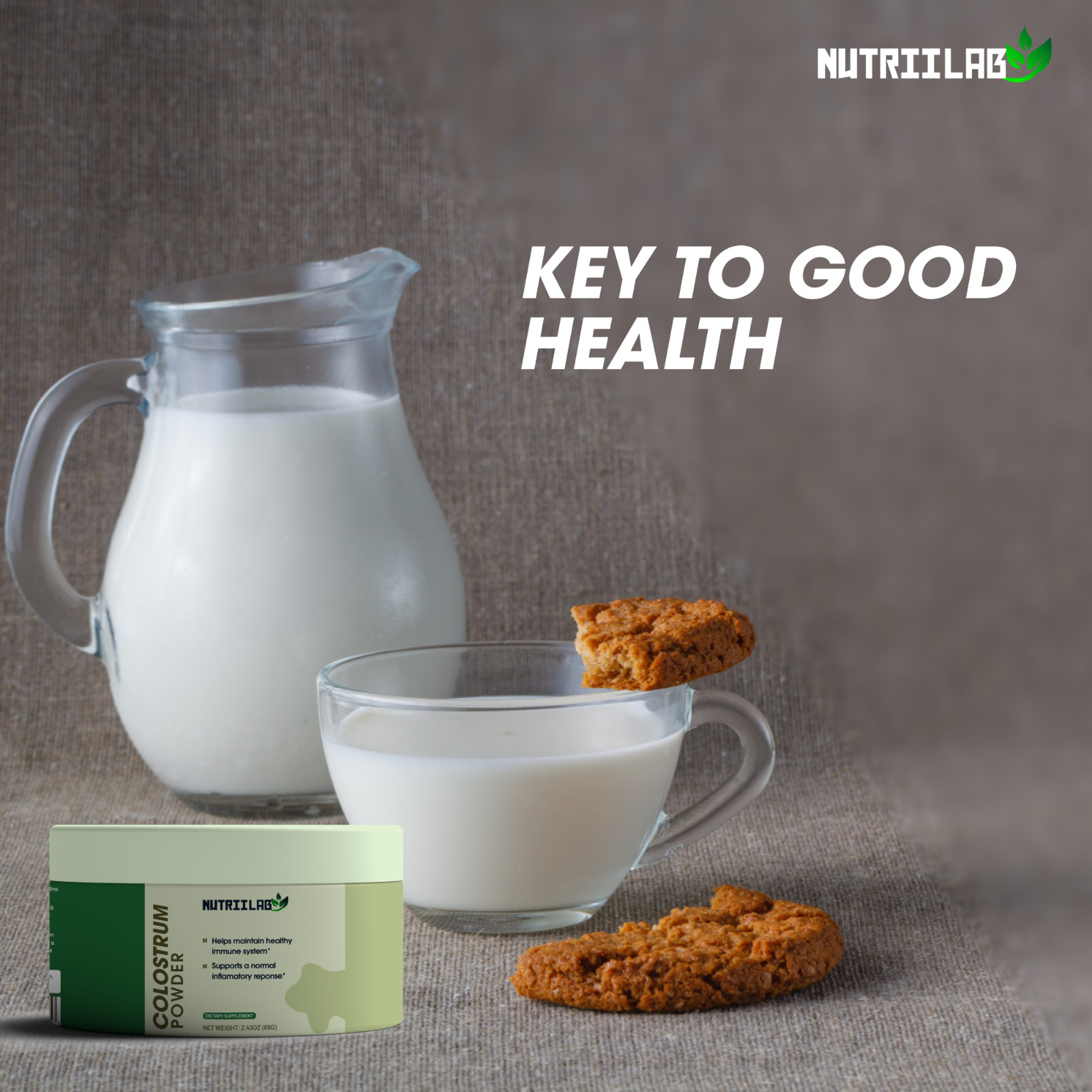 NutriiLab Bovine Colostrum Powder 2500mg IgG Immune Gut Health 30 Day Supply