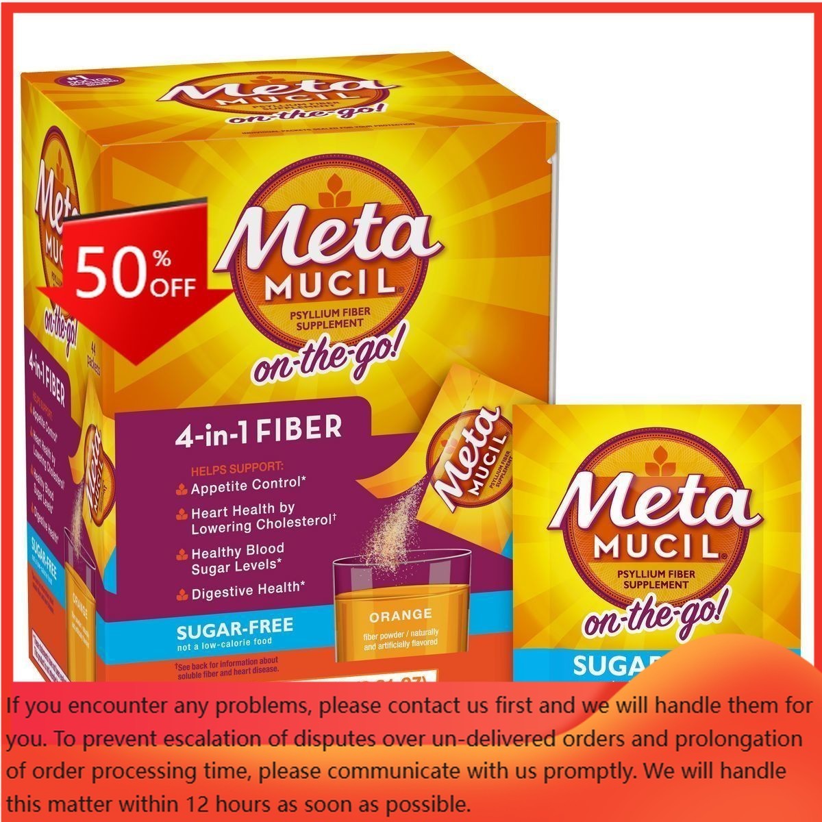 Metamucil Psyllium Fiber Powder Orange – 2.4g Friendly Fiber-44ct