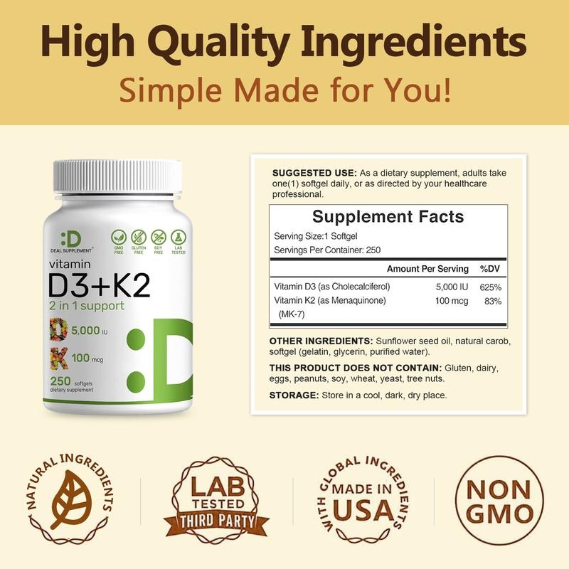 DEAL SUPPLEMENT Vitamin D3 K2 5000IU Softgel, 2-1 Complex, 250 Count