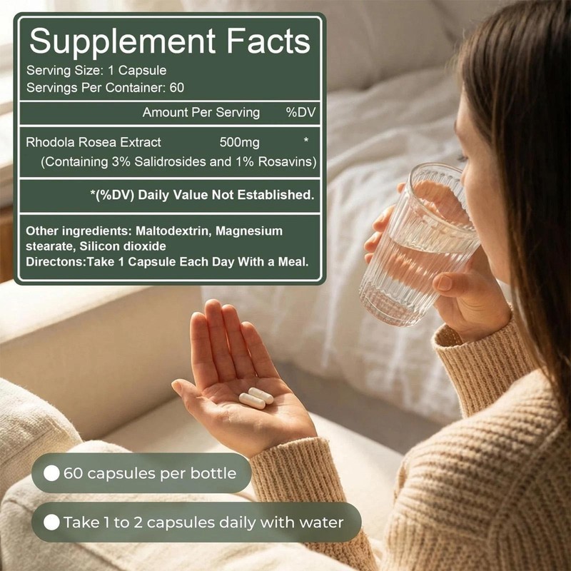 Salvora Rhodiola Rosea Dietary Supplement, 60 Capsules, Stress Support