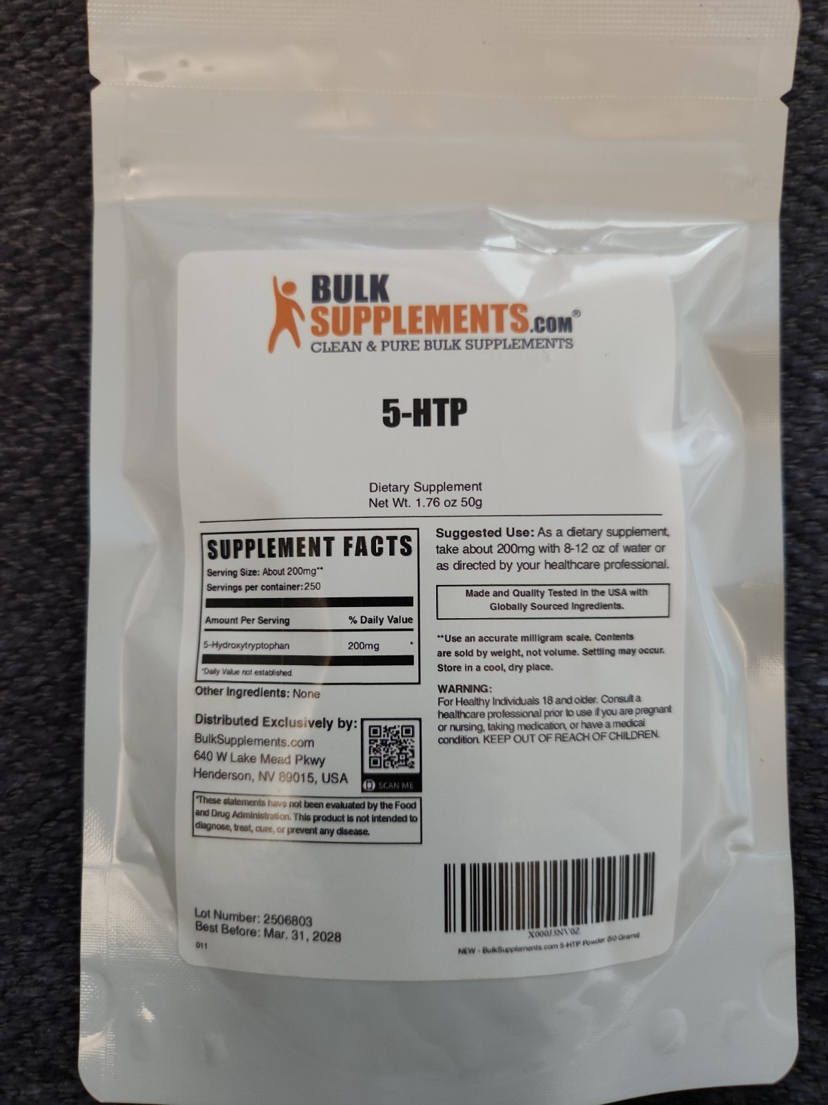 BulkSupplements 5-HTP Powder (5-Hydroxytryptophan) 200mg. Net Wt. 1.78 Oz 50g