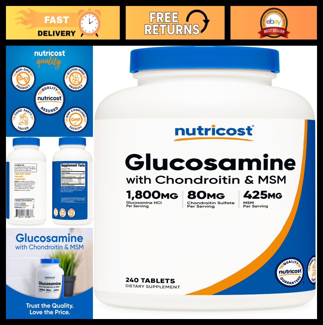 Glucosamine 1800mg with Chondroitin & MSM – 240 Tablets, GMO-Free, Gluten-Free
