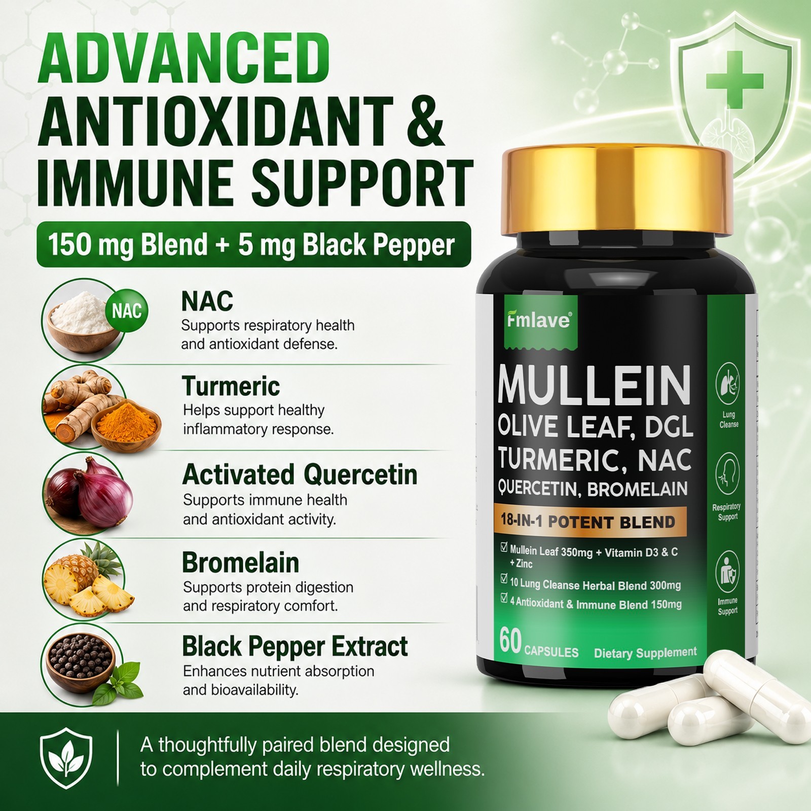 Mullein Lung Detox – Turmeric Quercetin Bromelain NAC Respiratory & Lung Support