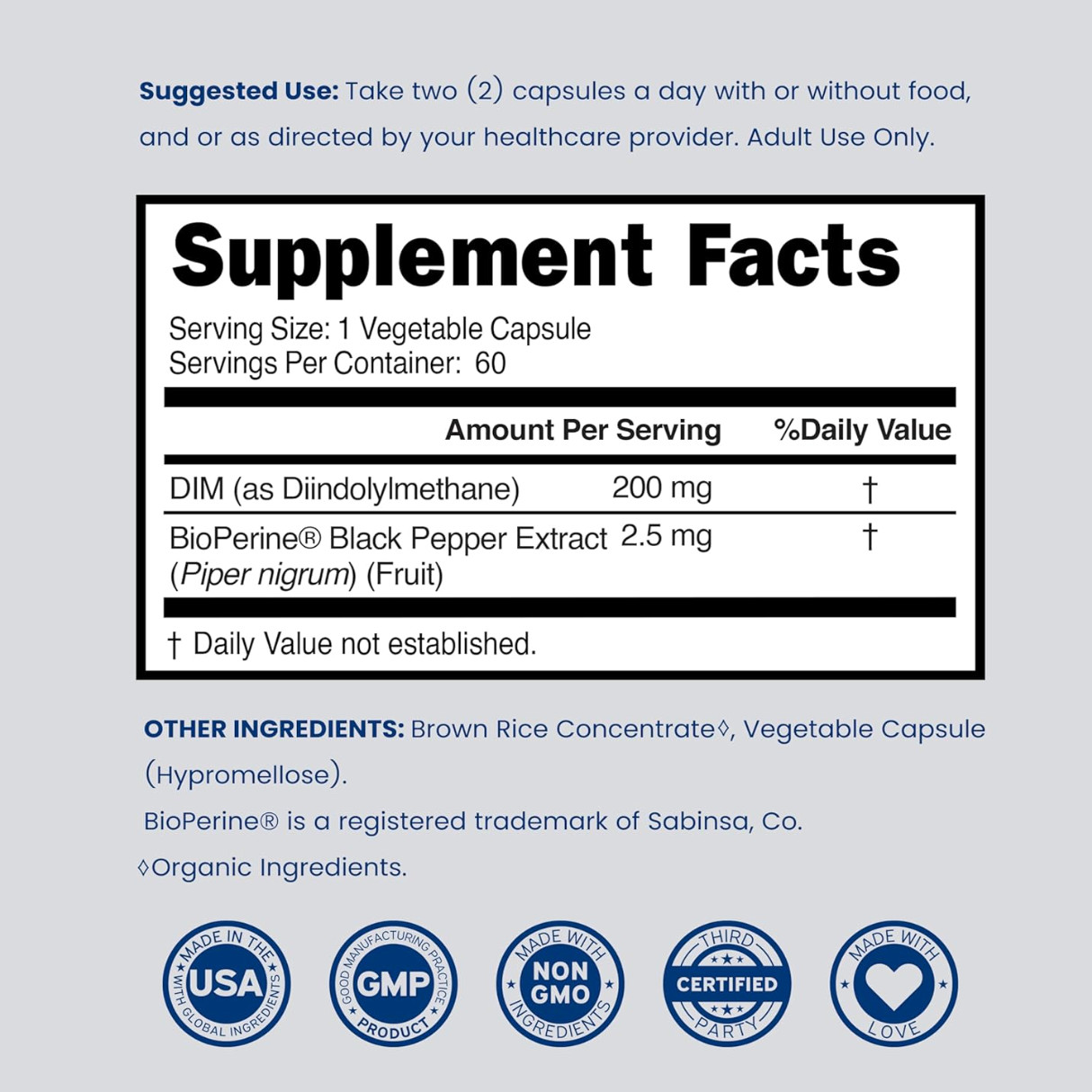 DIM Supplement (Diindolylmethane) 200 mg with 2.5 mg BioPerine 60 Count Vegan