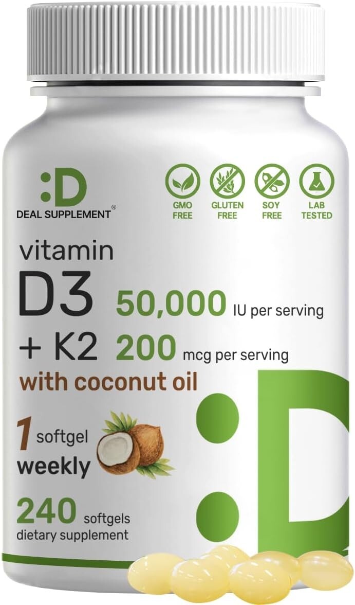 Vitamin D3 50,000 IU + K2 MK7 200 mcg, 240 Softgels, Virgin Coconut Oil