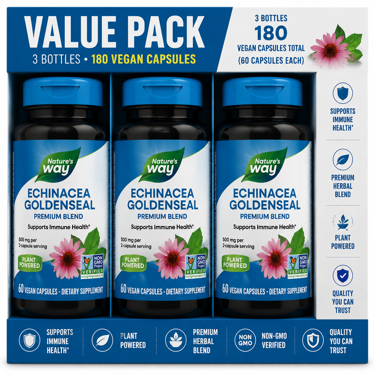 Nature’s Way Echinacea Goldenseal Premium Blend 180 Vegan Capsules Pack of 3