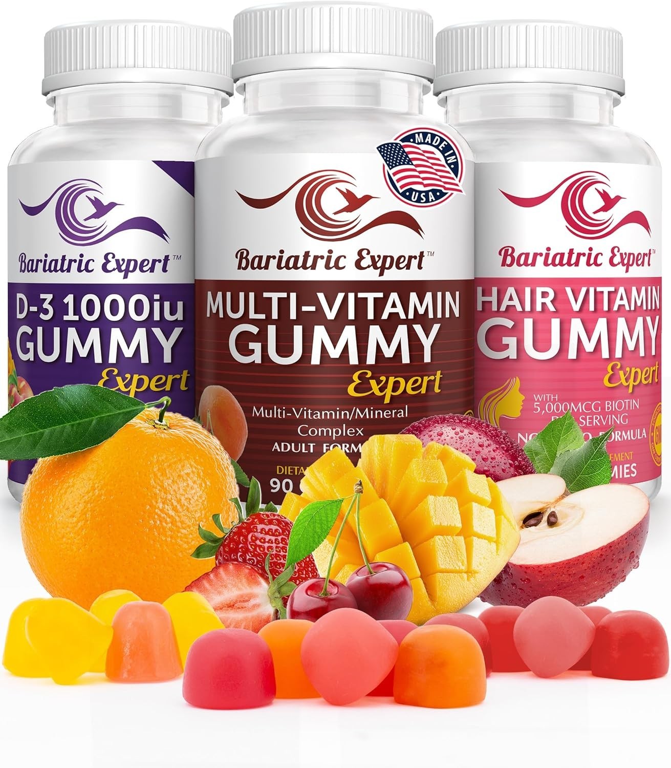 Bariatric Multivitamin Gummy 3 Pack D3 & Hair Formula Chews Adult Daily