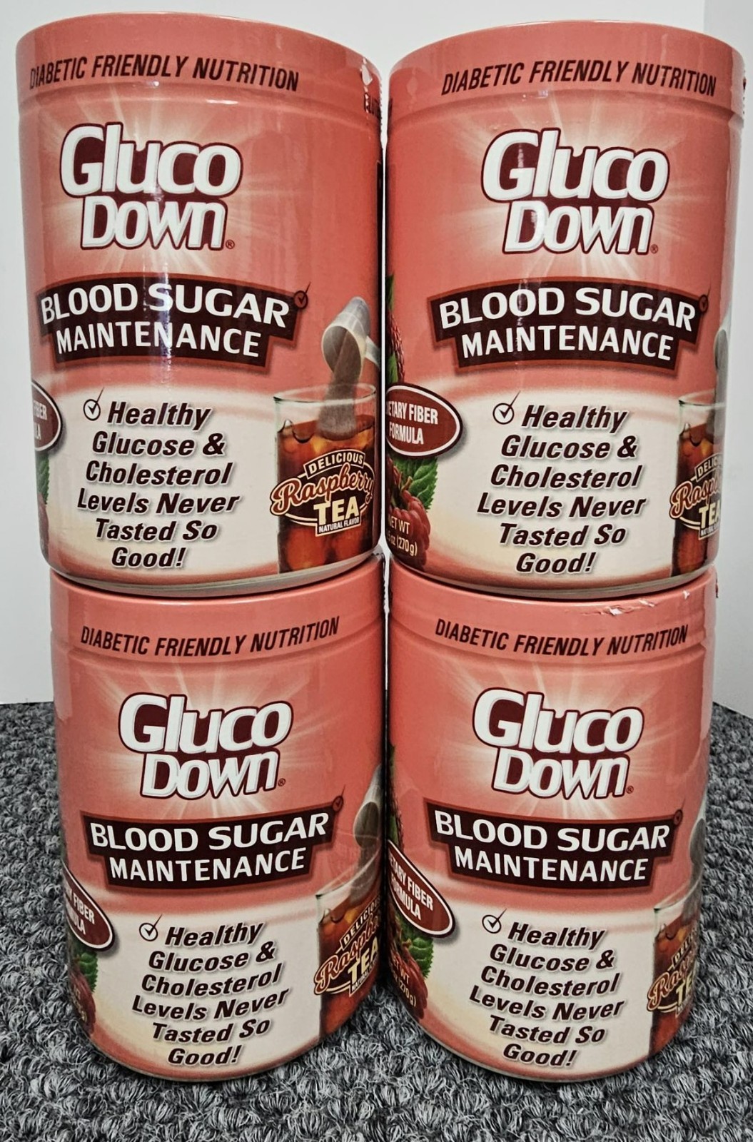 4 X GLUCODOWN Raspberry Tea Drink Mix Dietary Fiber Formula 45 Servings