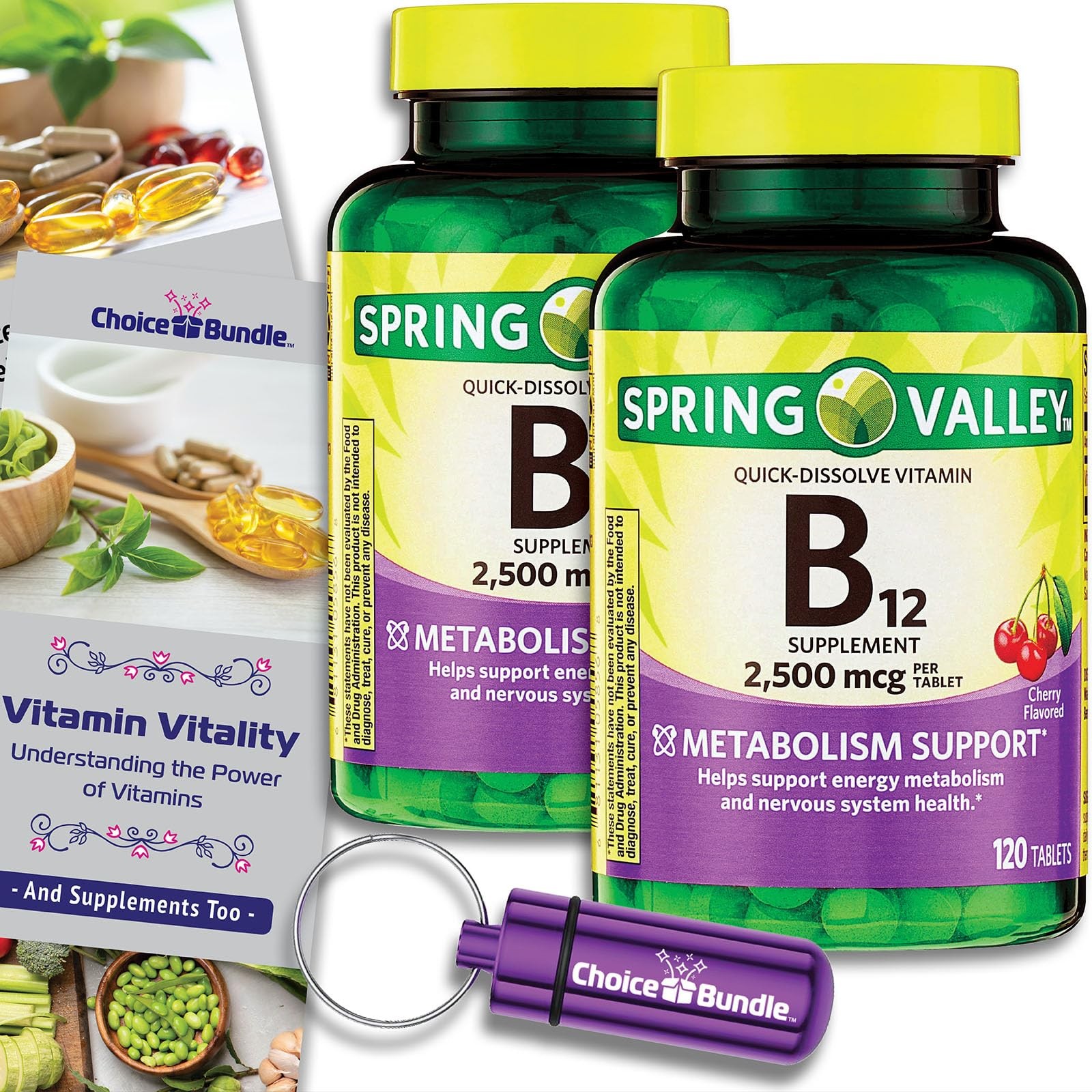 Spring Valley Vit B12 2500mcg Quick Dissolve 2Pk (240ct) + Vitality Guide & Case