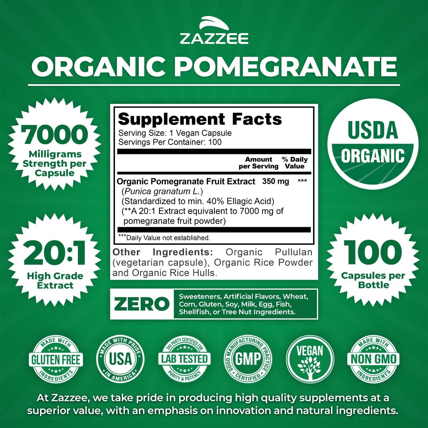 Zazzee USDA Organic Pomegranate 20:1 Extract 7000mg 40% Ellagic Acid