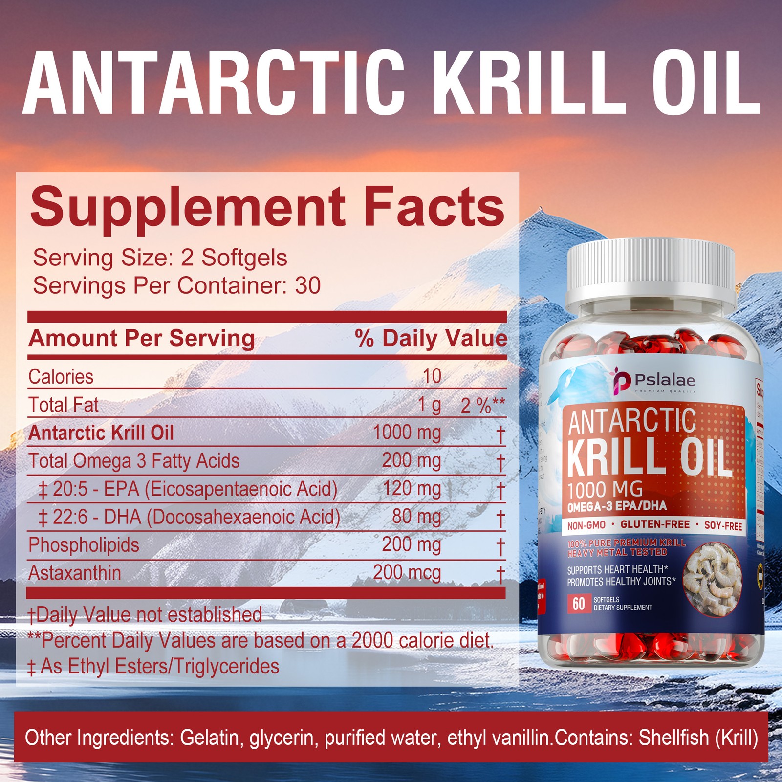 Antarctic Krill Oil 1000mg-Omega-3 EPA,DHA,Astaxanthin,Phospholipids-Brain,Heart