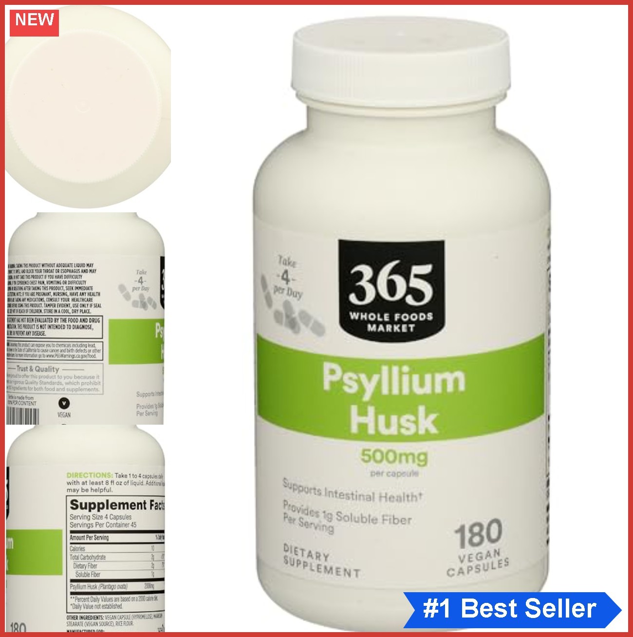 Psyllium Husk Supplement Capsules 500 Mg 180 Count Plant Fiber Digestion