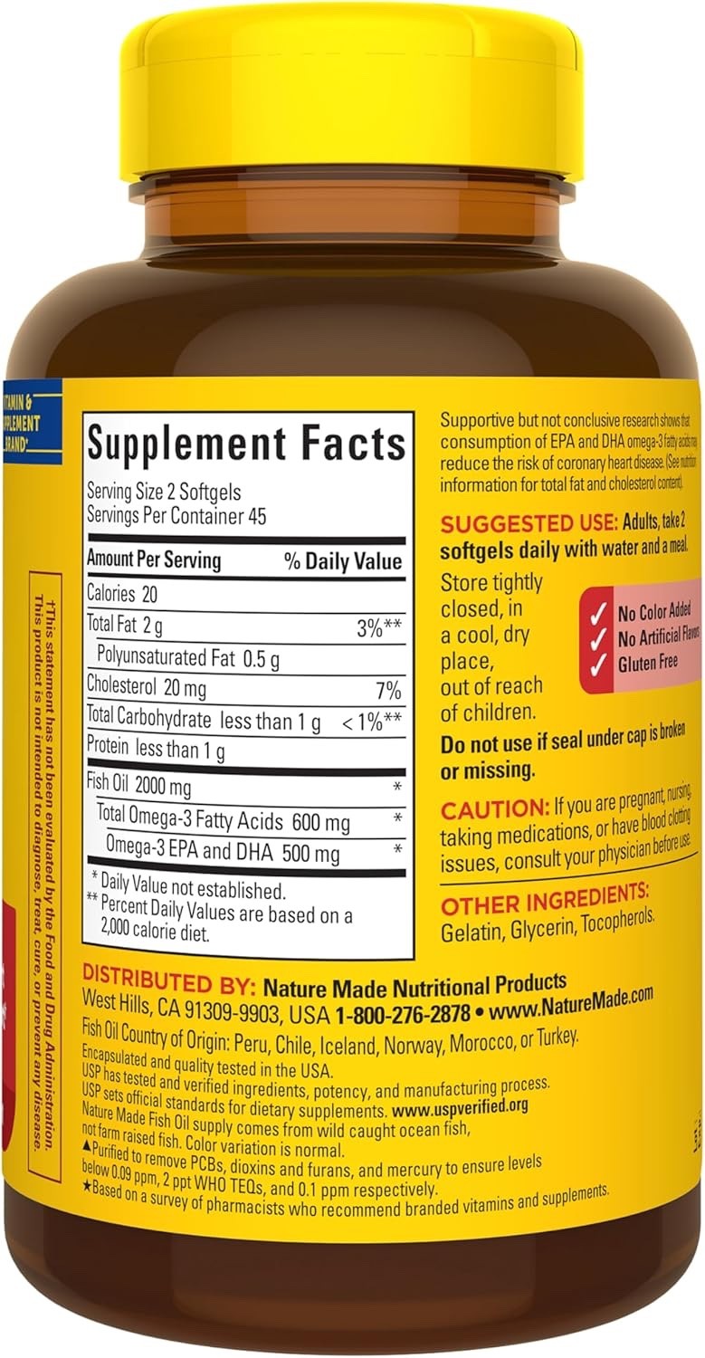 Nature Made Fish Oil 1000 mg Omega-3 Heart Health Support – 90 Softgels 45 Day S