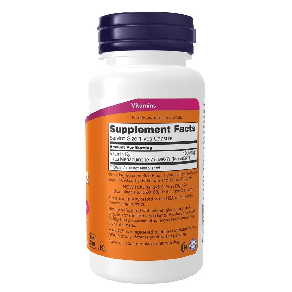 NOW Foods MK-7 Vitamin K2 100mcg 120 Veg Capsules Non GMO Supplement