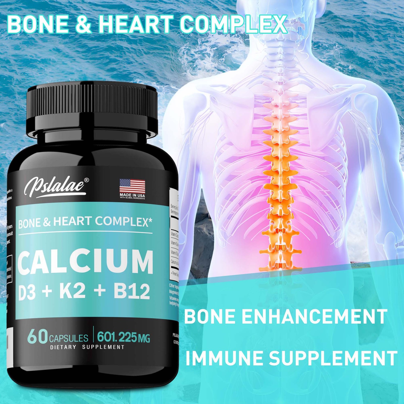 Calcium Capsules – with Vitamin D3, K2, B12, Immune, Bone, Muscle, Heart Health