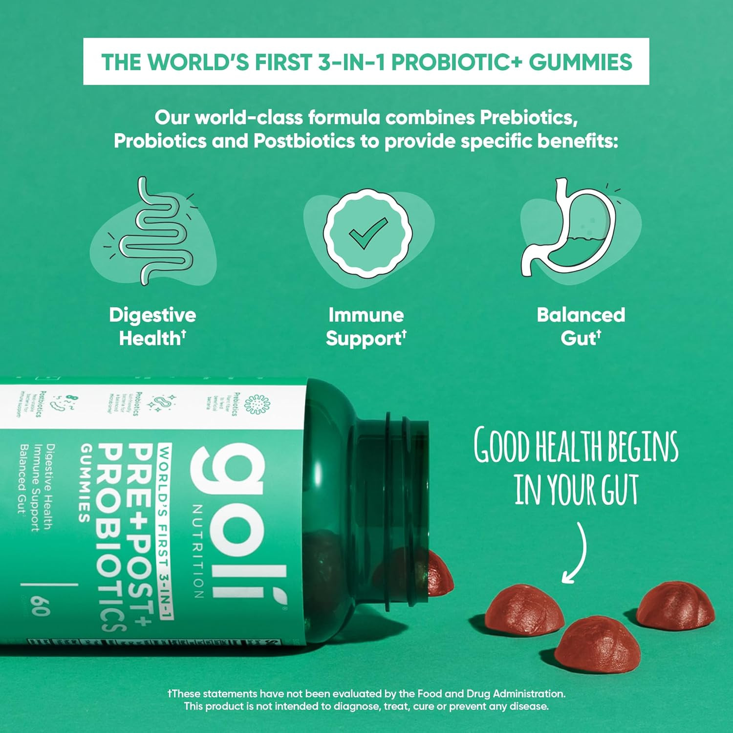Pre Pro Postbiotic Gummies, 3-in-1 Gut Health Formula, Vegan, 60 Count