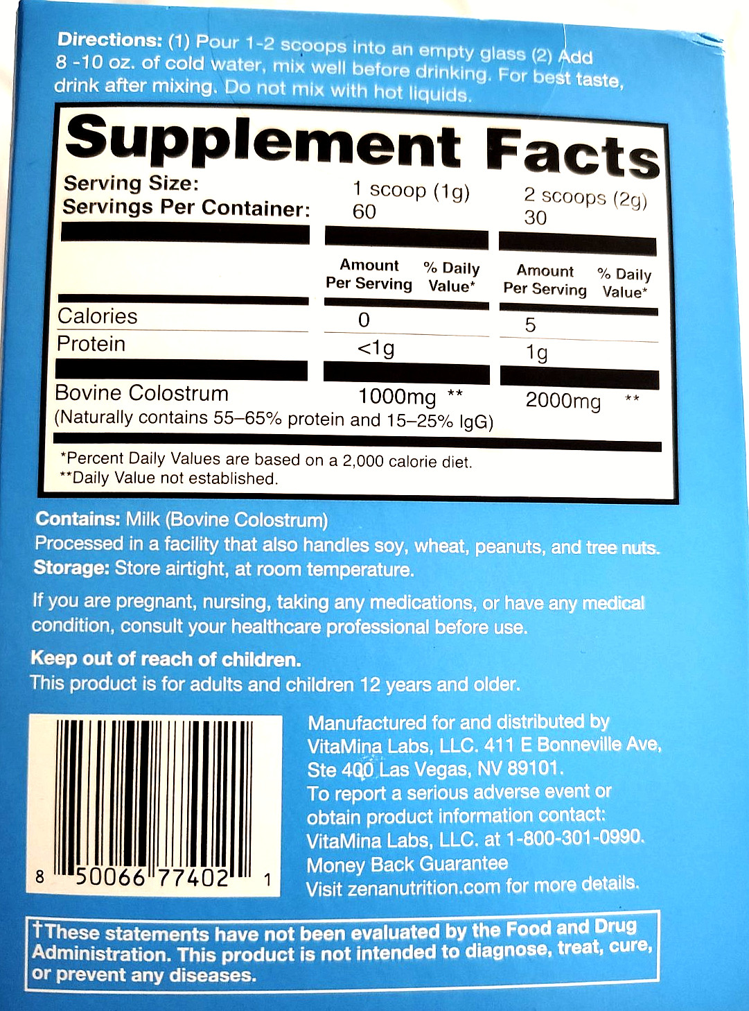 Zena Nutrition Pure Colostrum Powder 2000Mg 30 Servings Exp 02/28