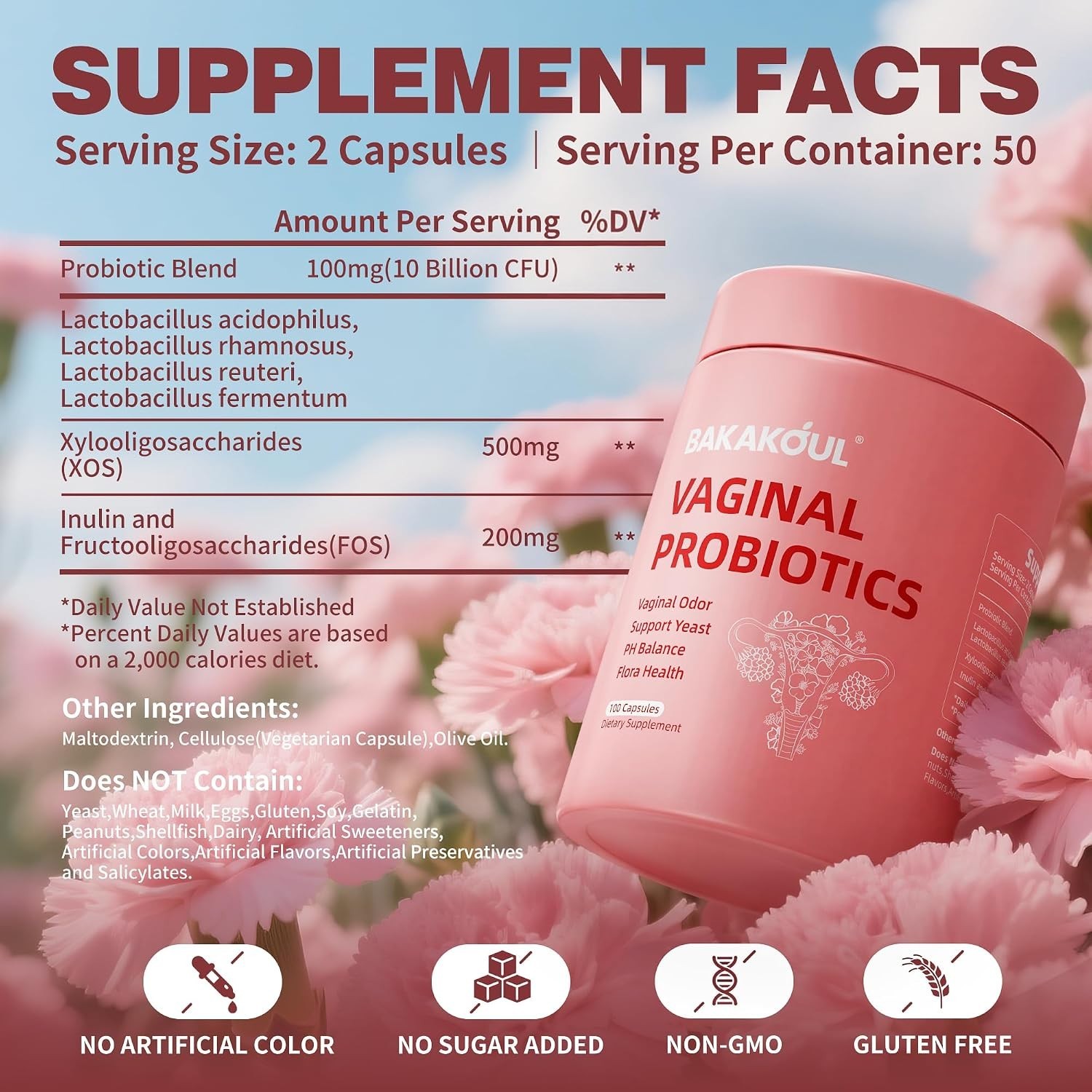 Vaginal Probiotics for Women pH Balance Flora Support 100 Capsules