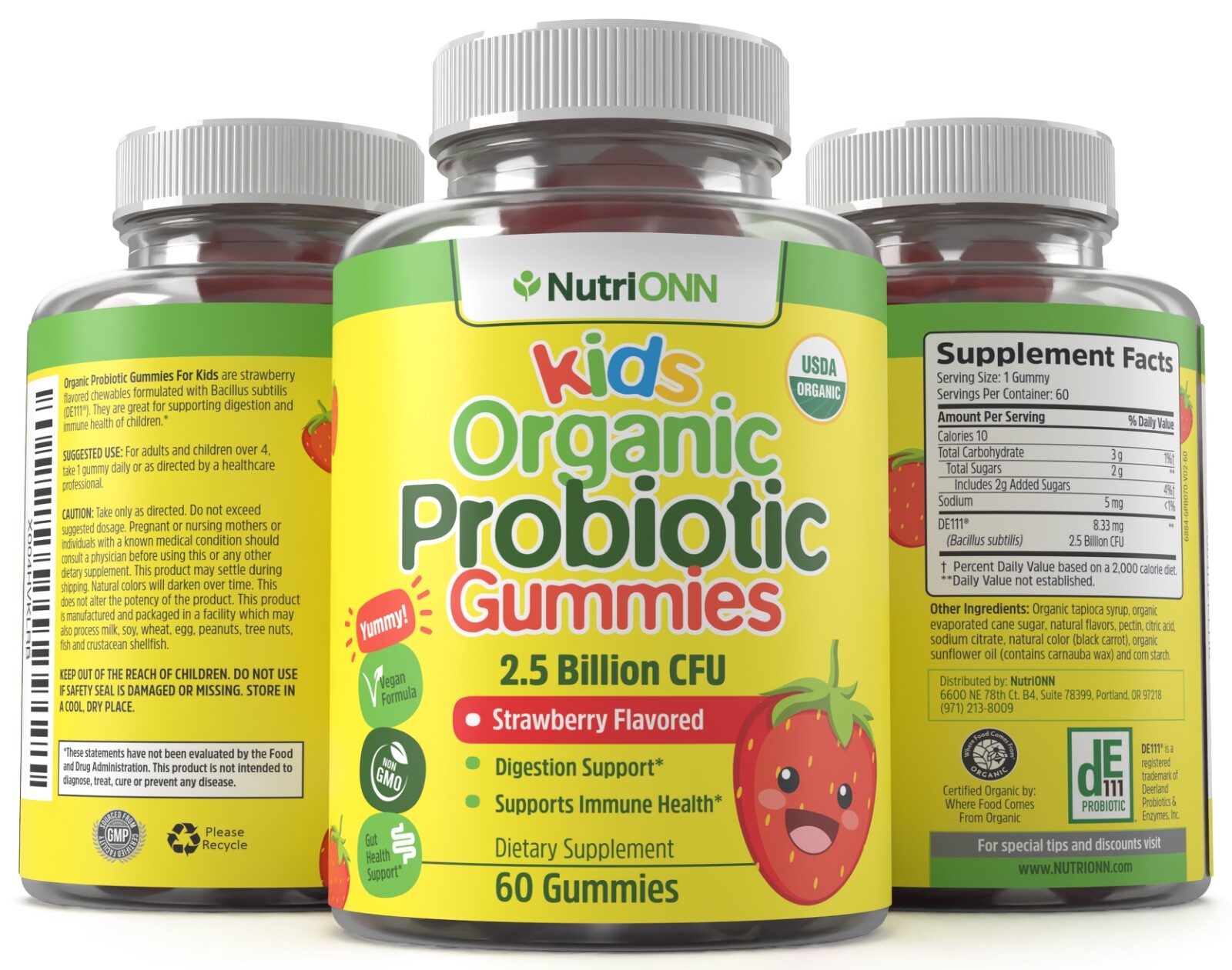 Kids Probiotic Gummies – USDA Organic & Vegan – 2.5 Billion CFU of DE111®