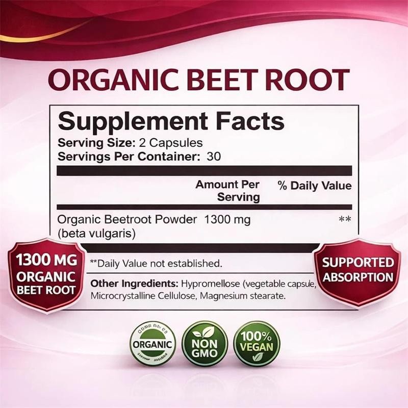 Beravia Organic Beet Root Capsules, Purely Natural, Non-GMO 60-Counts