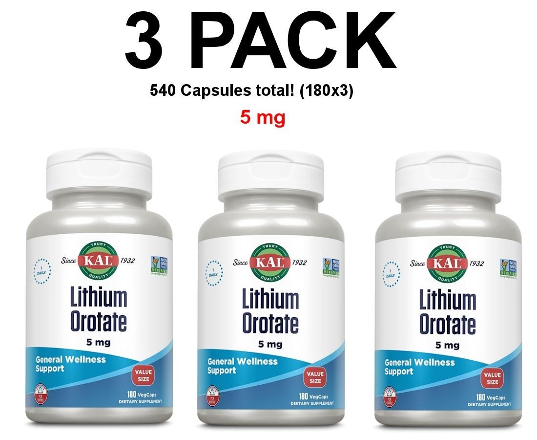 Lithium Orotate, 3 PACK, 5 mg, 180 VegCaps each (540 total!) by KAL