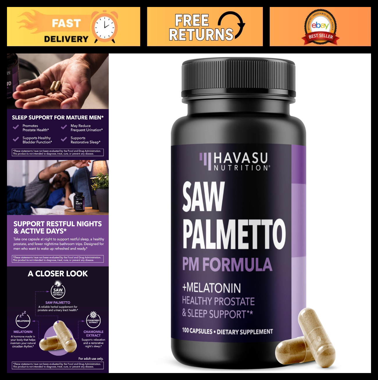Saw Palmetto & Melatonin for Men – Nighttime Bladder Support, 100 Vegan Capsules