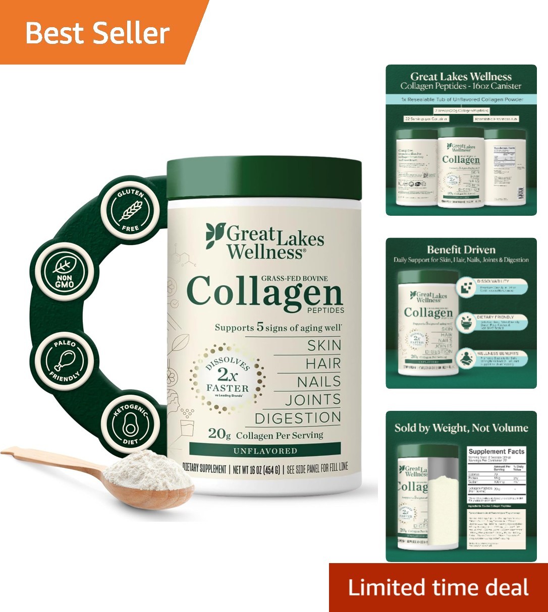 Great Lakes Wellness Collagen Peptides Powder – Supports Aging, Skin, Hair, N…