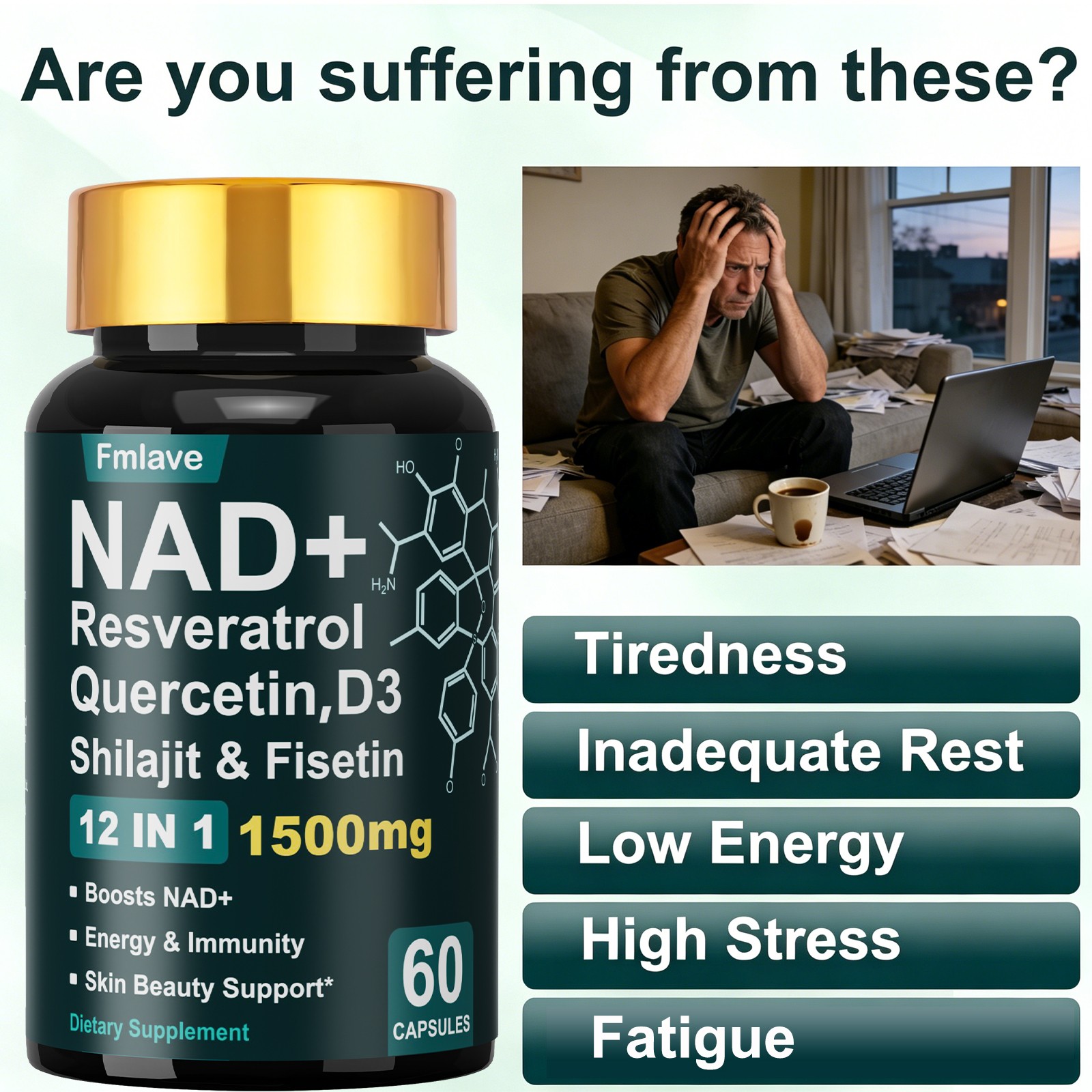 NAD+ Supplement for Anti-Aging Energy Focus & Nicotinamide Riboside Resveratrol