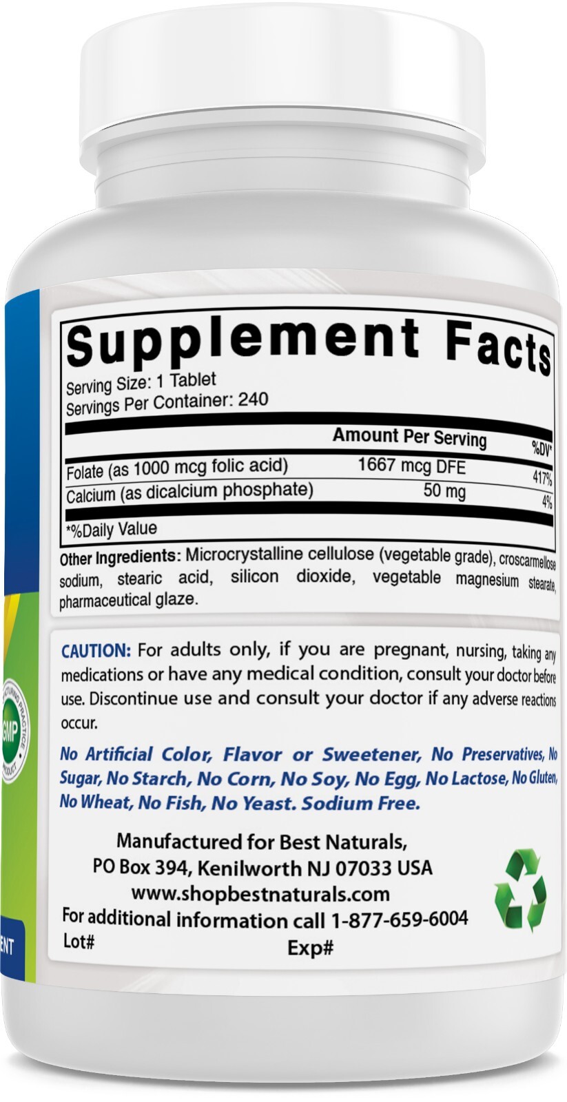 Best Naturals Folic Acid 1000 mcg (Vitamin B9), 240 Tablets