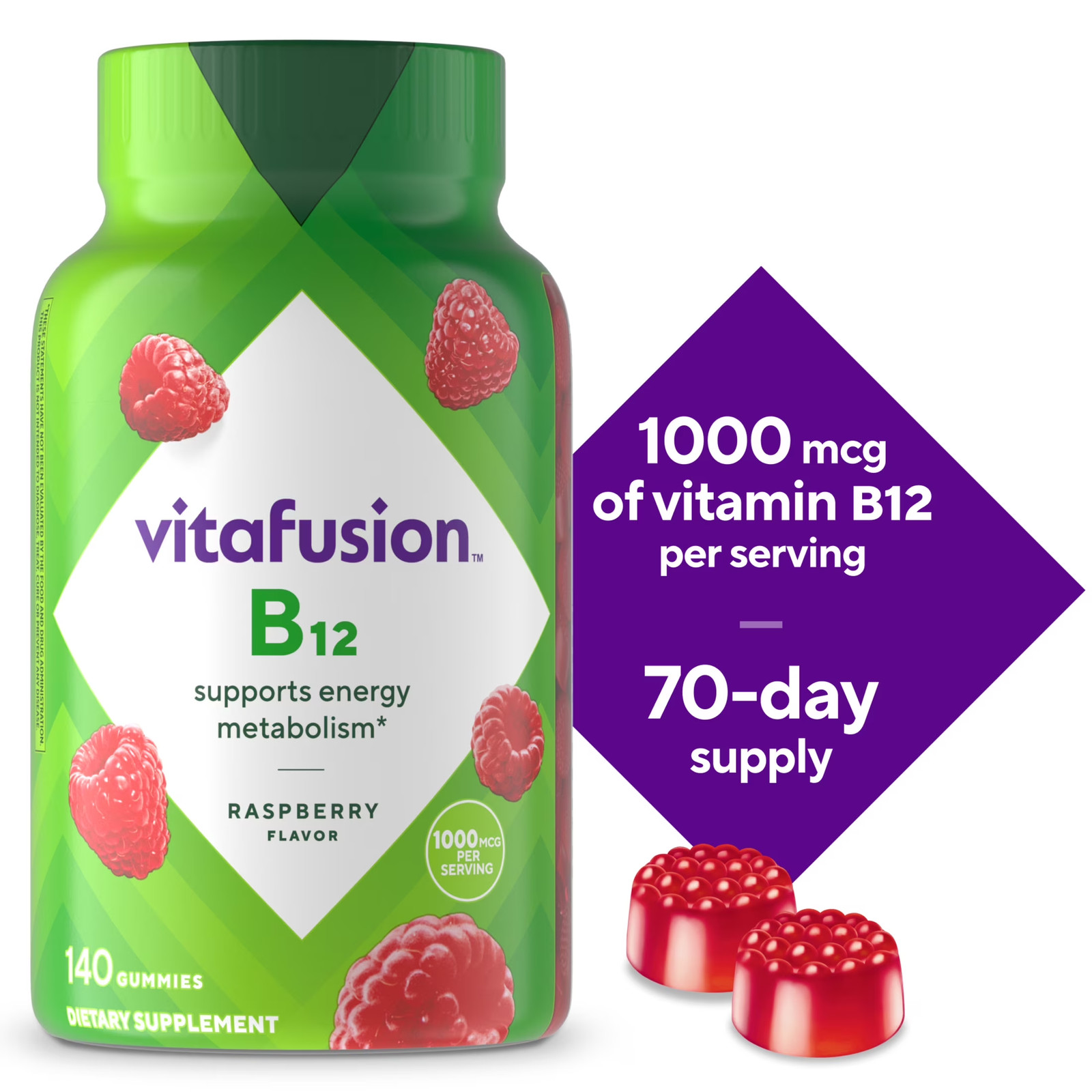 Vitafusion Vitamin B12 Gummy Vitamins, 1,000 Mcg, Raspberry Flavored, 140 Count