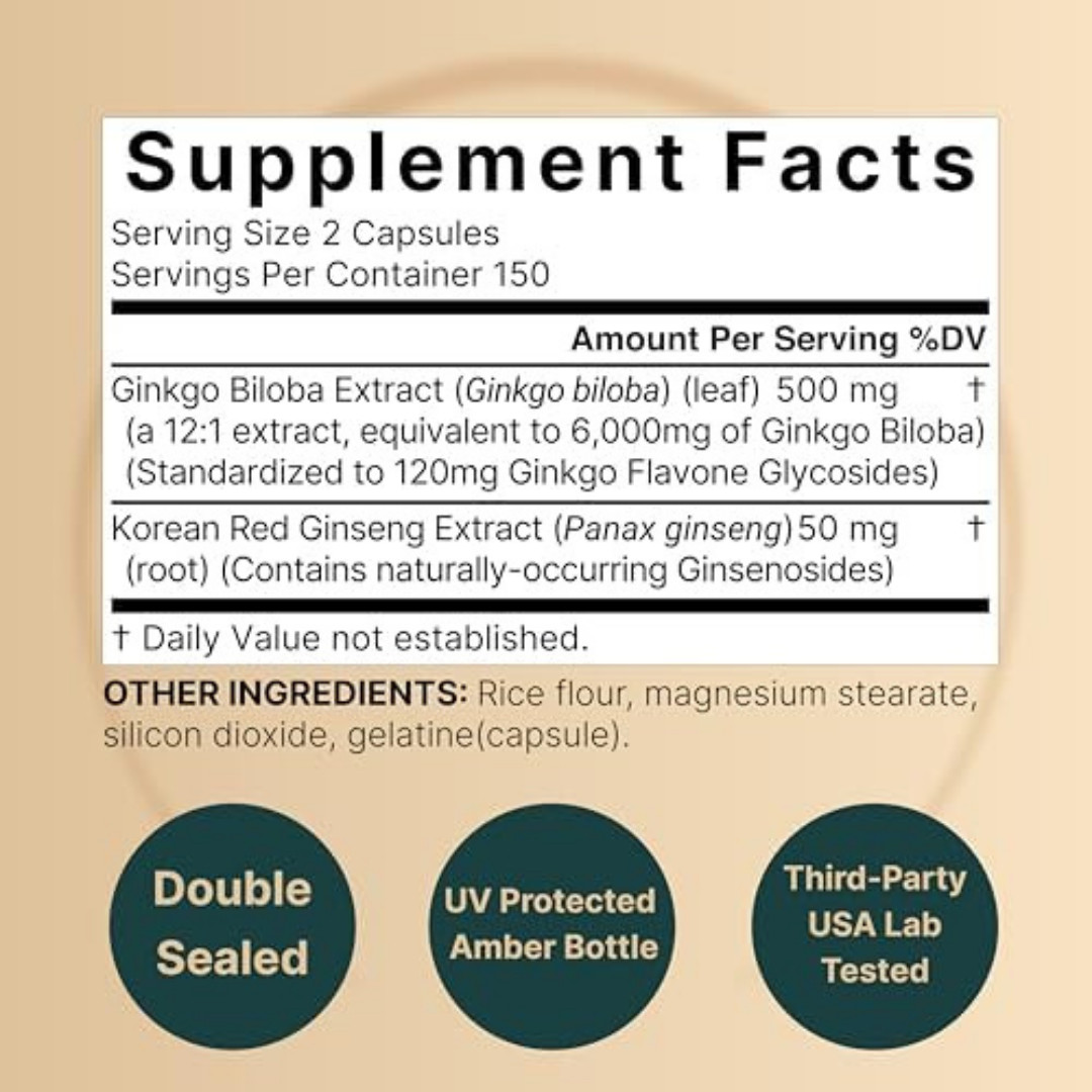 300 Caps Ginkgo Biloba 6000mg w/Red Panax Ginseng for Memory Focus Brain Health