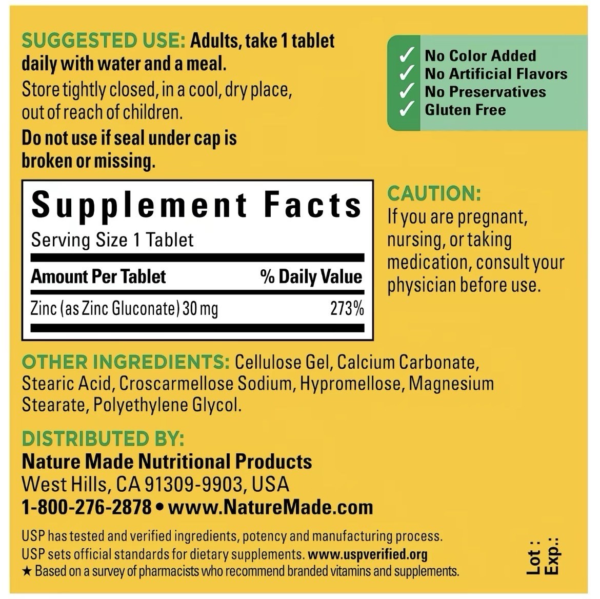 Nature Made Zinc 30mg Tablets 100 Count Immune Support Dietary Supplement USP