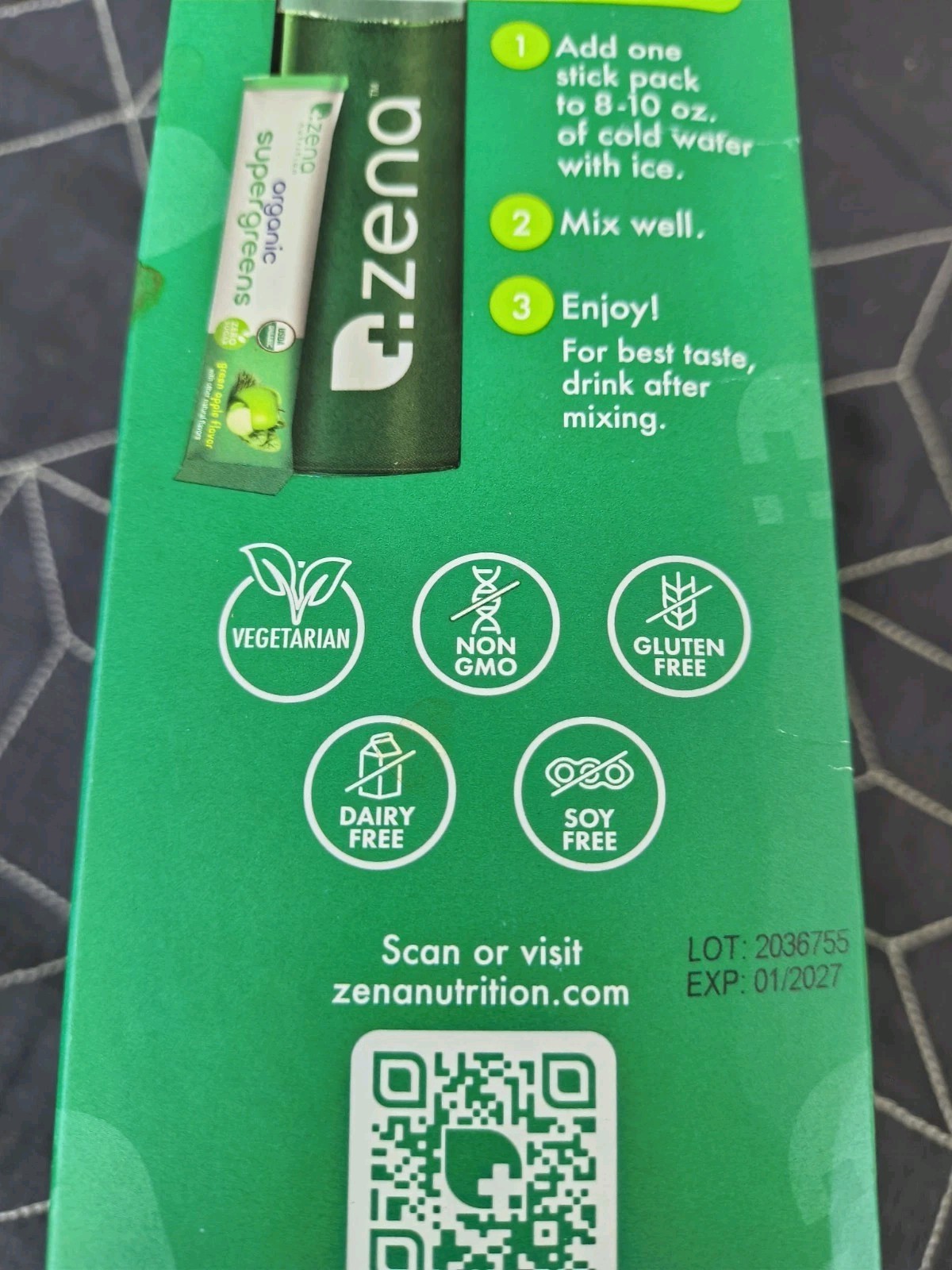 Zena Nutrition Organic Supergreens 30 Stick Packs Green Apple Bb 1/31/27