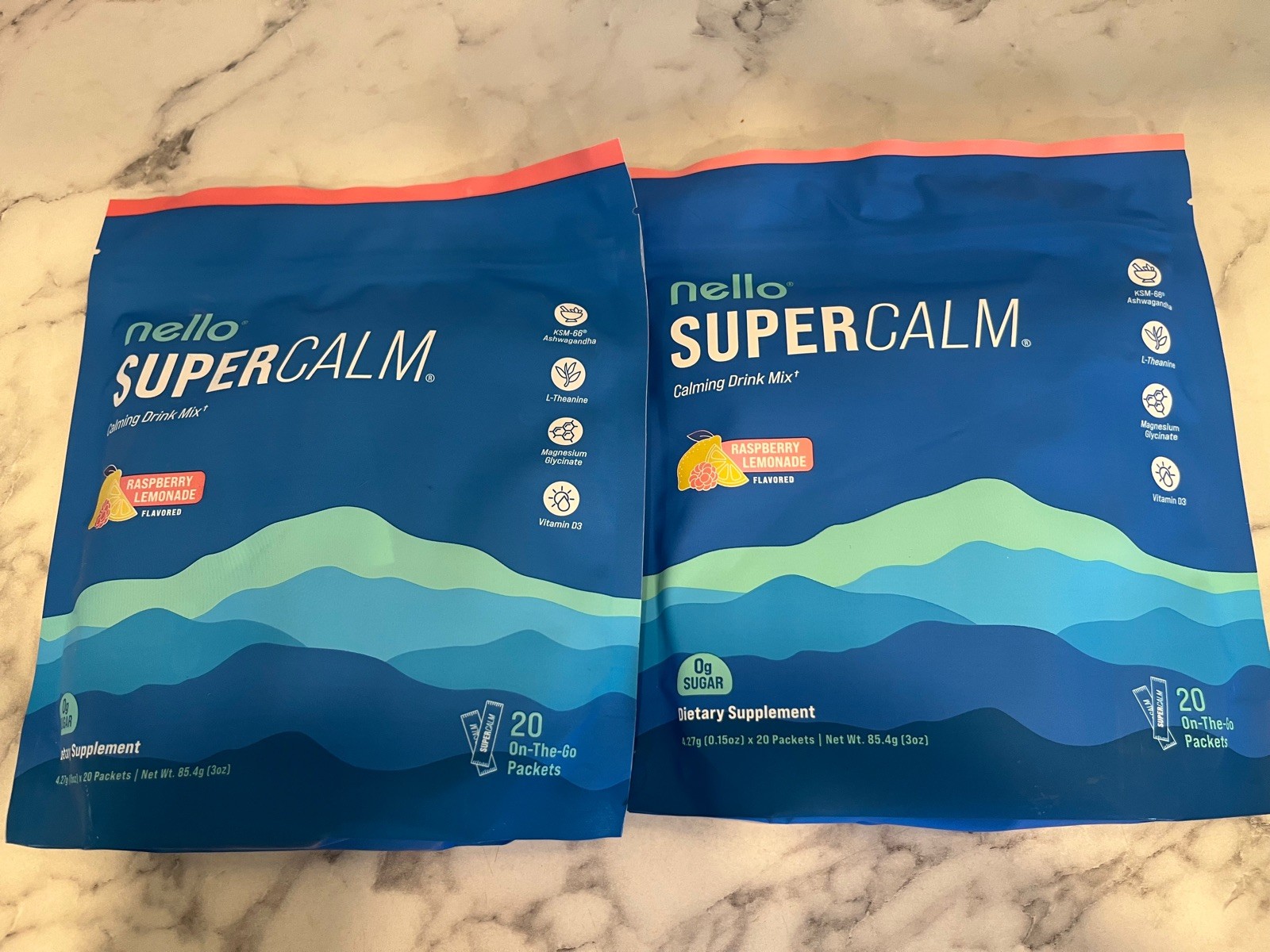 2X Nello Supercalm Powdered Calming Drink Mix Raspberry Lemonade 20 ct Exp 2/27