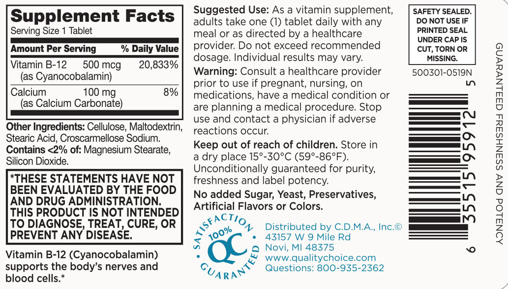 Quality Choice 500mcg Vitamin B12 Energy Support Tablets, 100 Count – Pack of 1