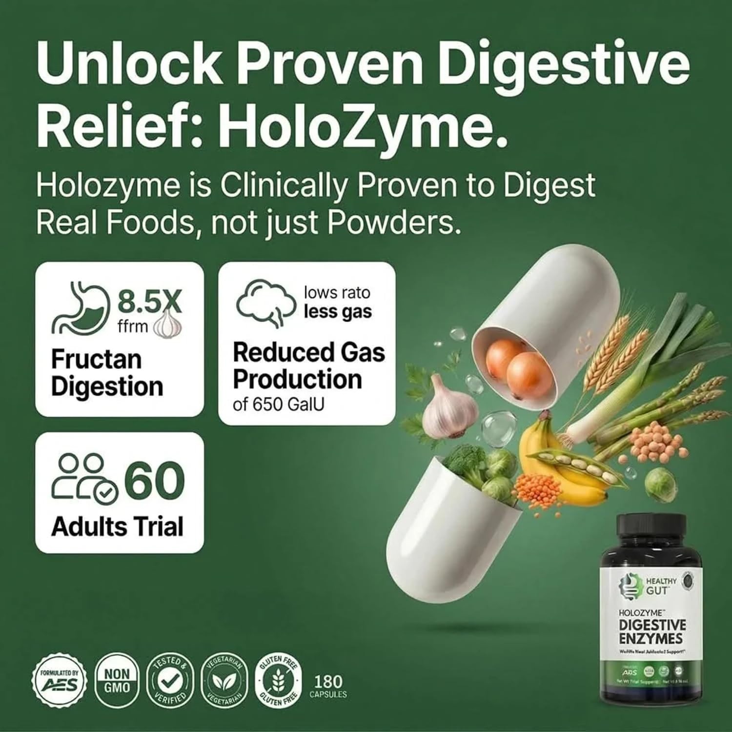 Healthy Gut HoloZyme Digestive Enzyme Supplement 15 Servings Sample Bottle..