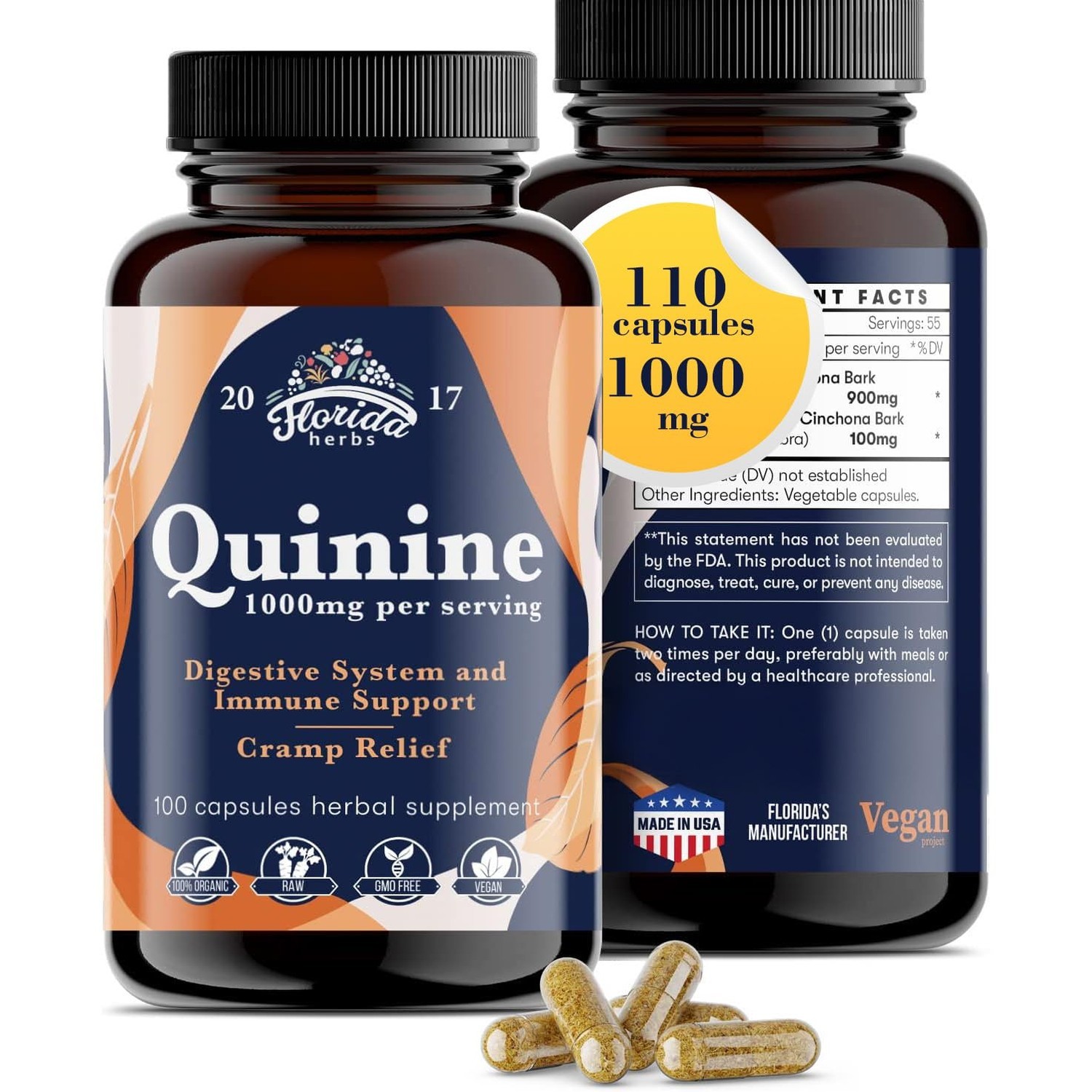 Quinine for Leg Cramps 1000 mg – 110 Capsules – Cinchona Bark Extract Supplem…