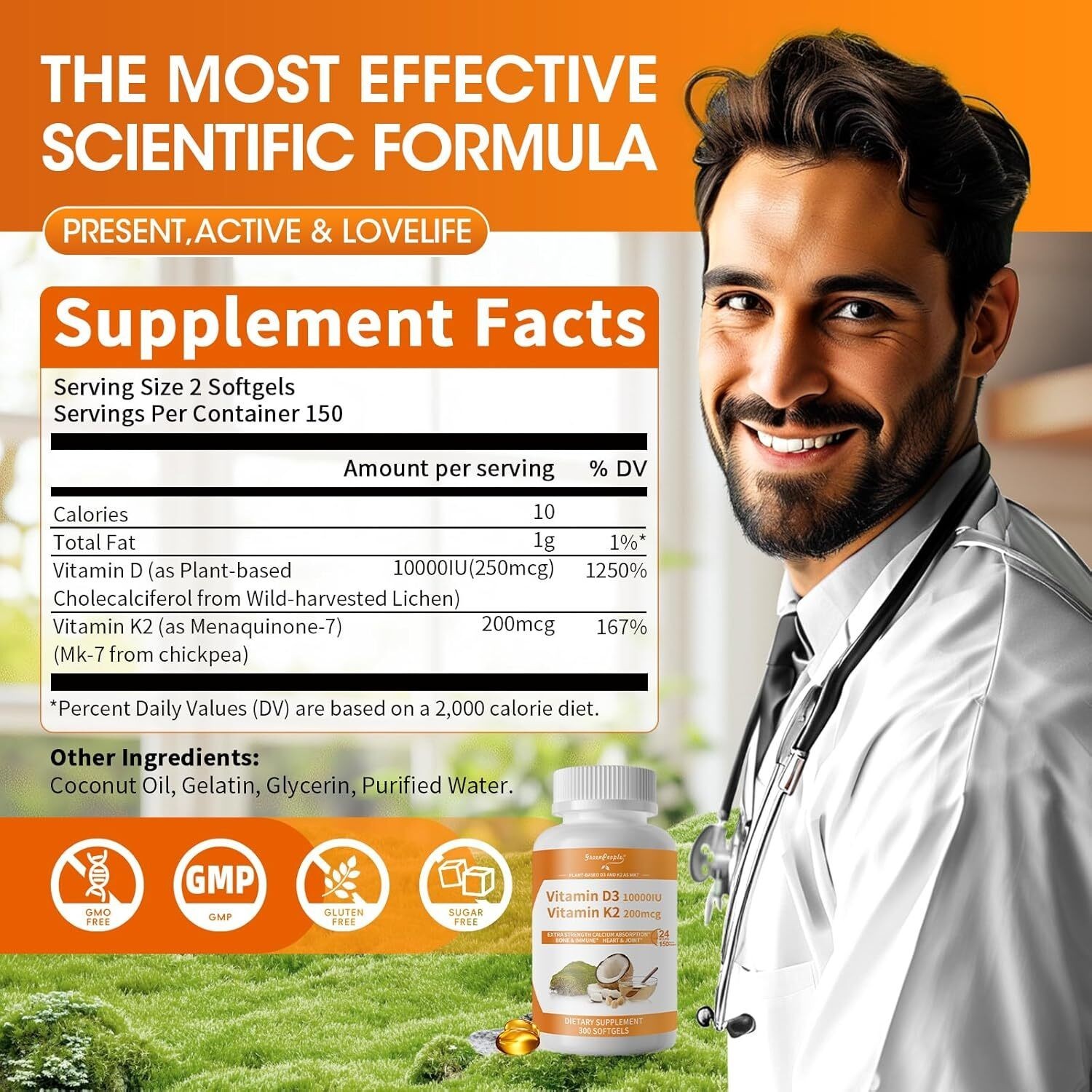 Vitamin D3 10,000 IU + K2 MK-7 200 mcg, 300 Softgels 5 Months Supply