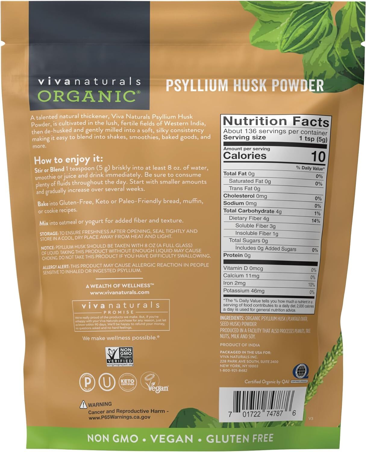 Organic Psyllium Husk Powder, 24 Oz – Finely Ground, Unflavored Pl