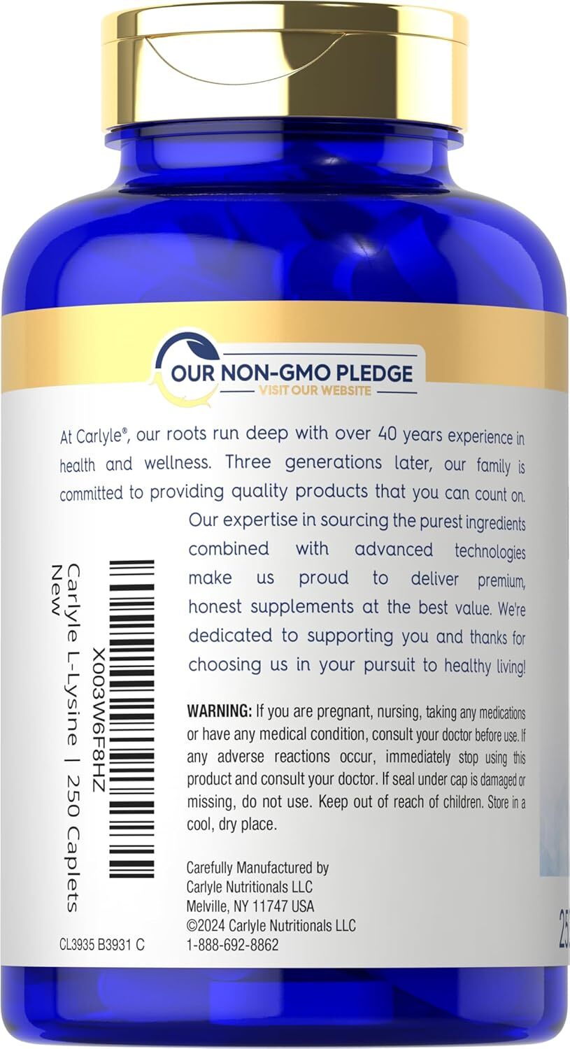 L-Lysine 500mg | 250 Caplets | Amino Acid Supplement | Vegetarian | by Carlyle