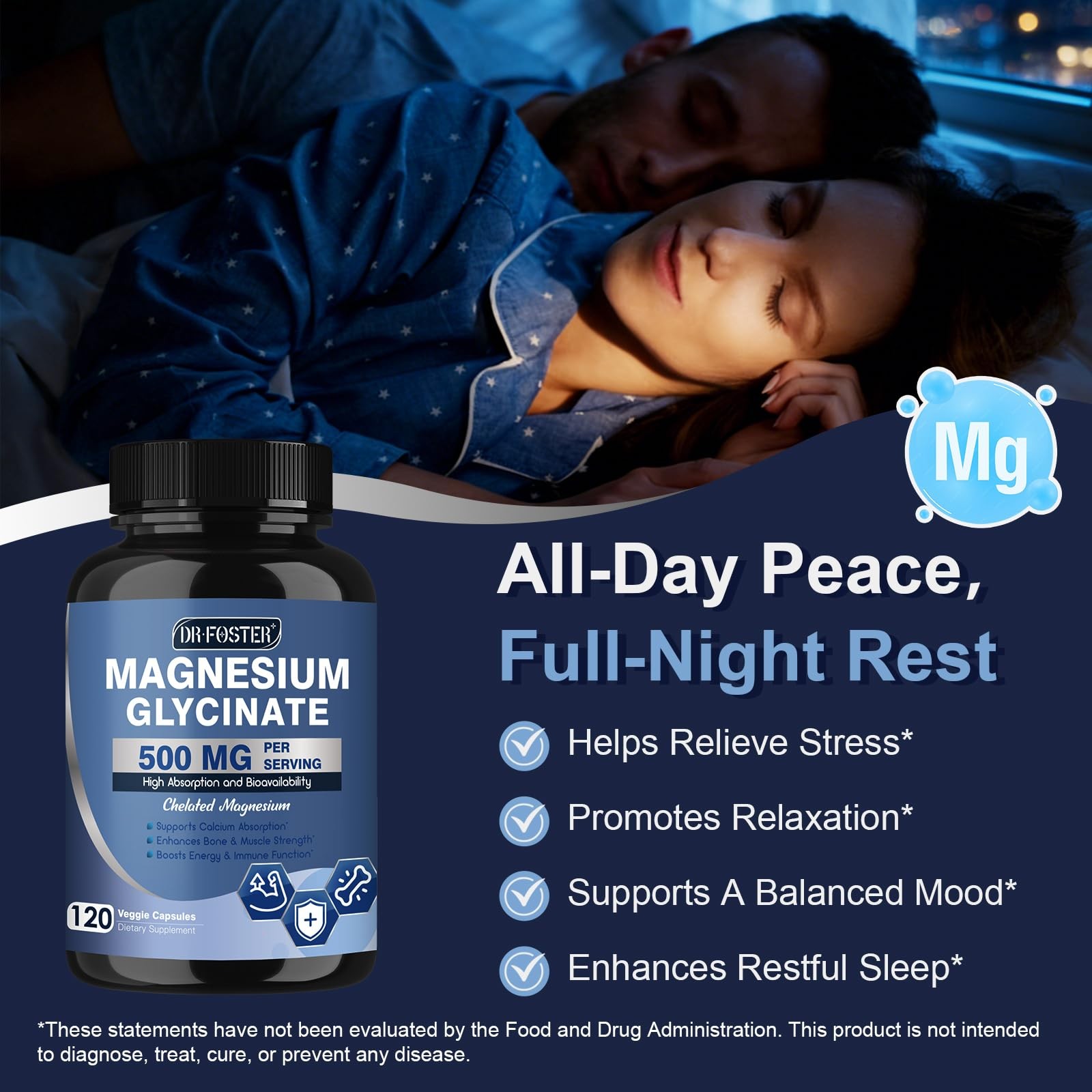 DRFOSTER Magnesium Glycinate 500mg with Zinc & Vitamin 120 Count (Pack of 1)
