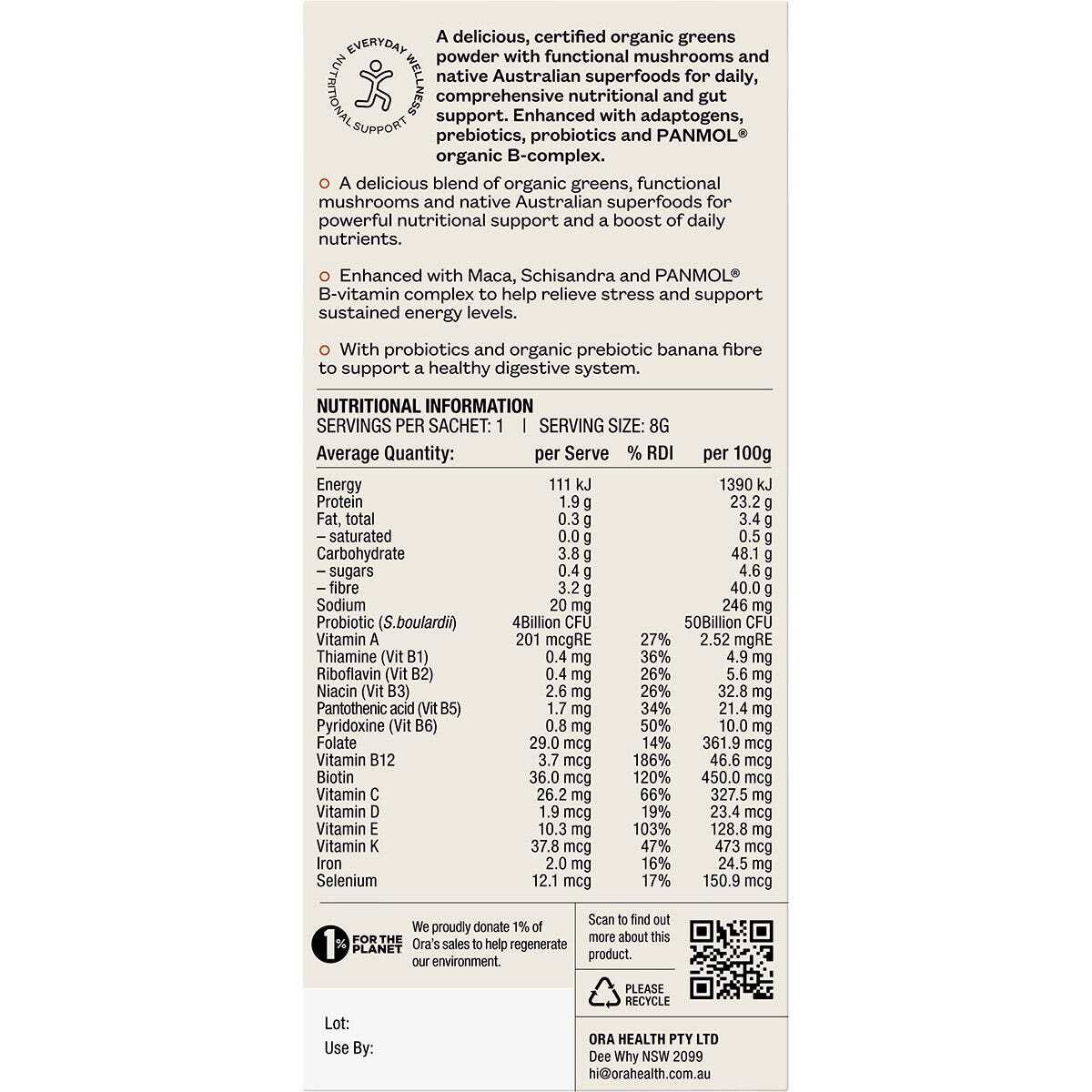 Ora Health Organic Greens Superpowder+ Daily Sachets 8g (Pack of 7)
