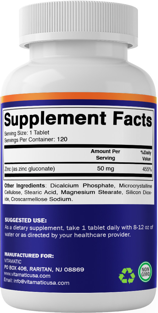 6 Pack – Vitamatic Zinc Supplement 50 mg Elemental (From Zinc Gluconate), 120 Ct
