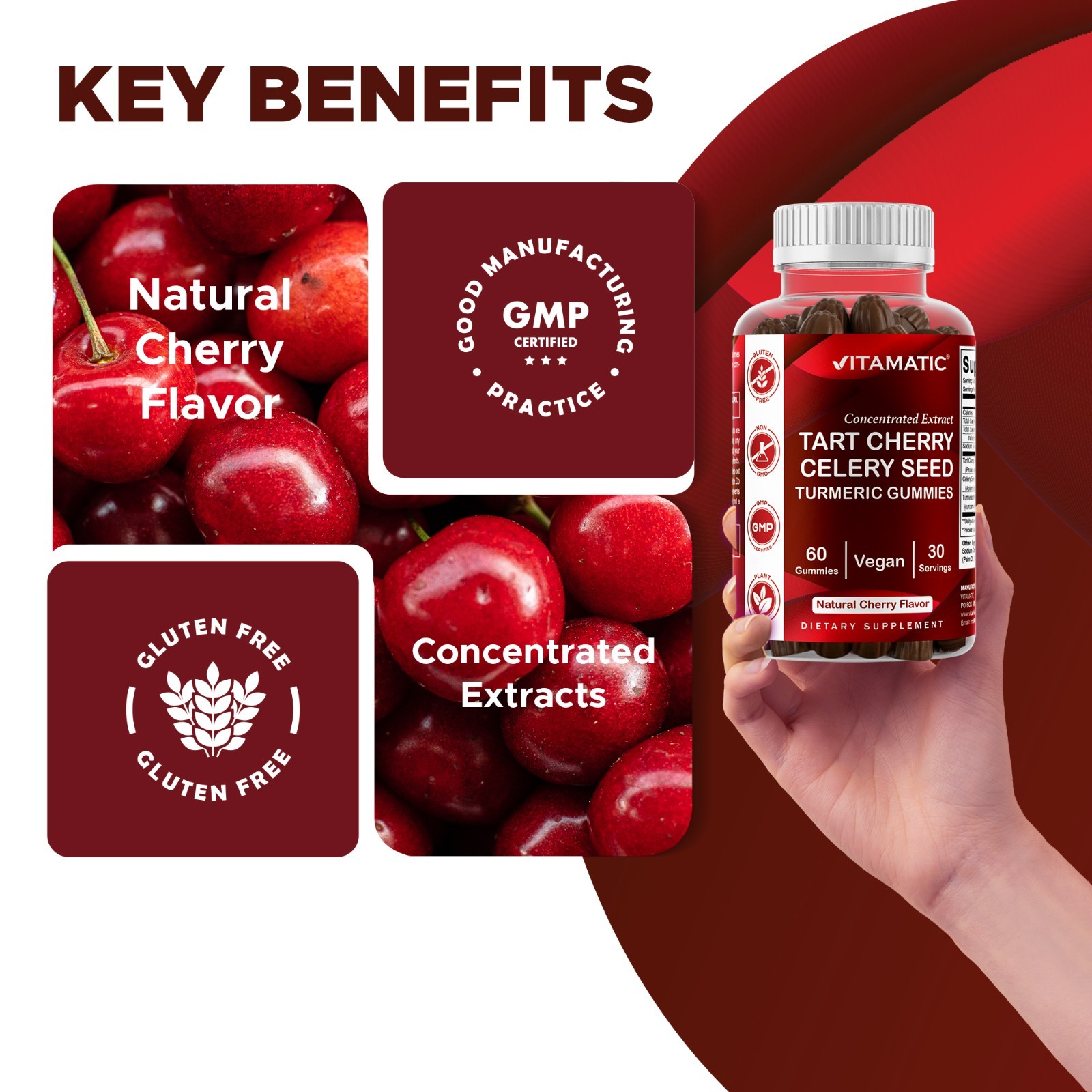 2 Pack Vitamatic Tart Cherry with Celery Seed Gummies – 4000mg Serving 120ct