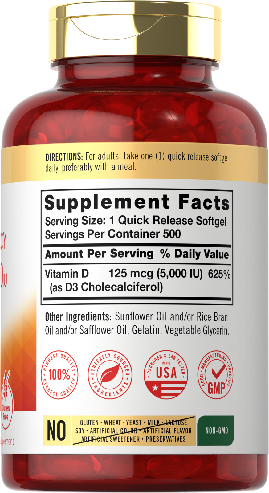 Vitamin D3 5000IU | 500 Softgels | Value Size, Non-GMO, Gluten Free | by Carlyle