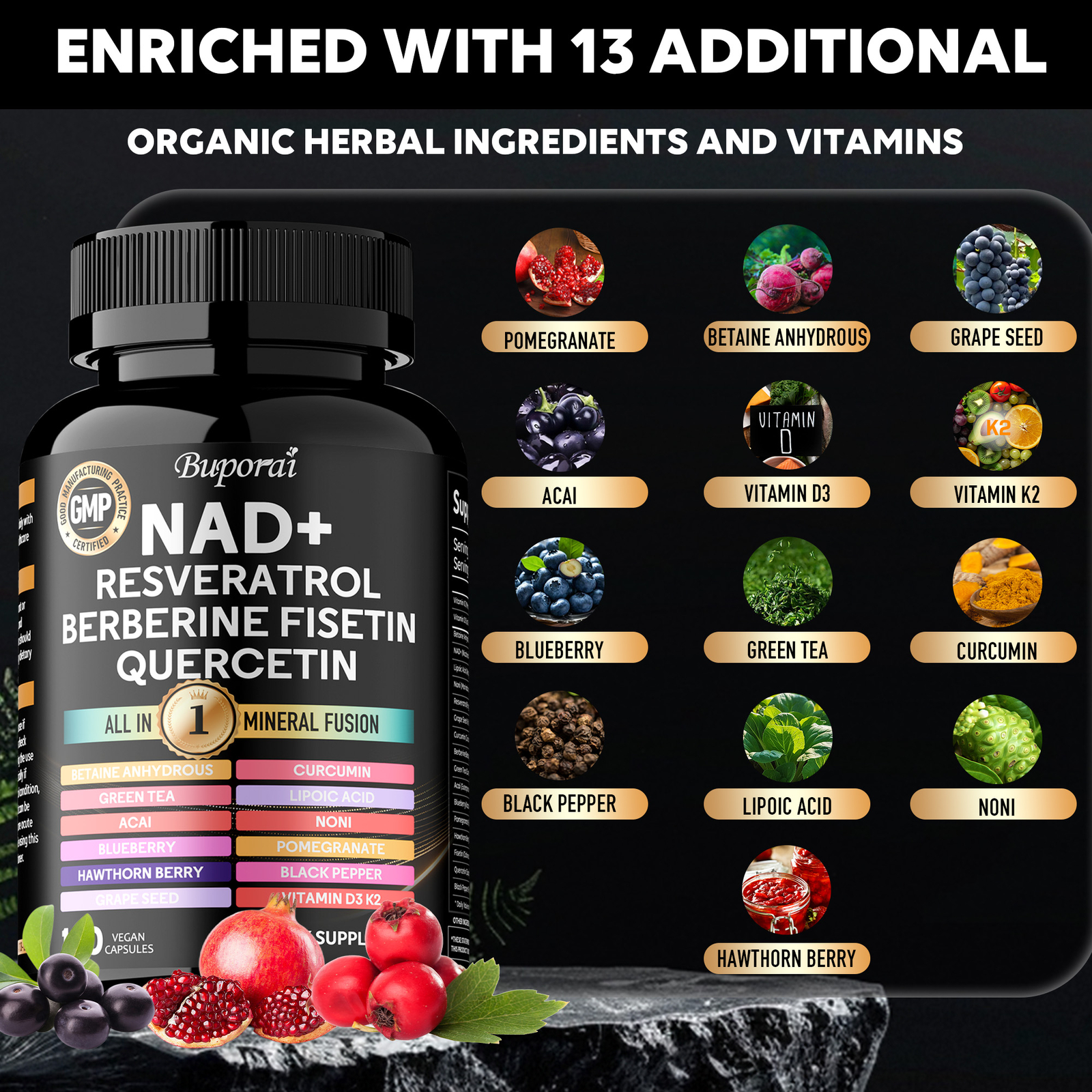 NAD+, Trans-Resveratrol, Quercetin, Berberine, Grape Seed, Hawthorn, Anti-Aging